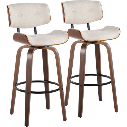 Lombardi 30" Swivel Bar Stool in Walnut Wood & Cream Noise Fabric w/ Black Footrest (Set of 2)